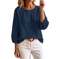 thumbnail image 2 of TGSLY Crew Neck Linen Tops for Women Lightweight Soft Solid Color Crinkle Blouses Relaxed Dressy 3/4 Balloon Sleeve Tshirts with Elastic Cuffs M, 2 of 6