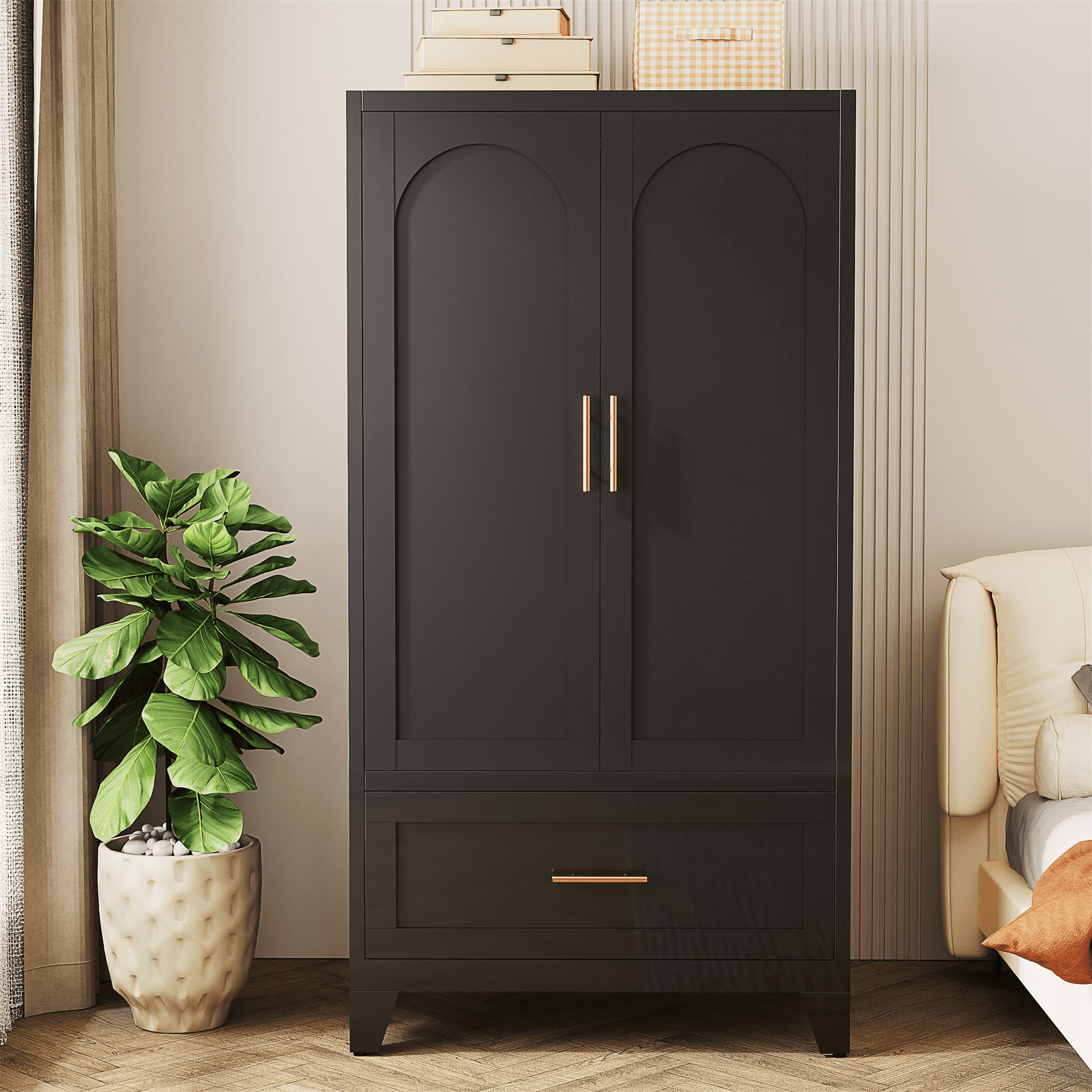 Homy Casa 60" Black Freestanding Armoire Wardrobe Closet with Doors, Drawer for Bedroom,Apartment Living