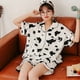 thumbnail image 3 of 1 Set of 2Pcs Summer Women Pajamas Cartoon Cow Pajamas Cotton Cardigan Short Sleeve Shorts Casual Homewear Two-Piece Set (White Black Size XL), 3 of 4