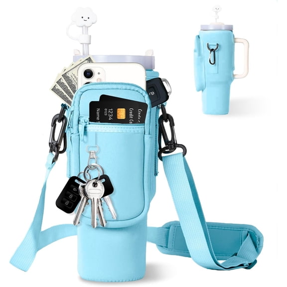 Water Bottle Carrier Bag with Phone, Compatible with 40-ounce insulated bottles,Water Bottle Holder Pouch with Adjustable Strap Bollus with Straw Cover
