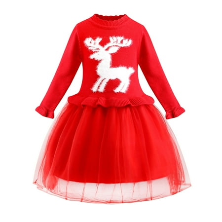 

Chenyuanyuan Baby Girl Christmas Outfit Children Kids Baby Christmas Deer Print Party Knit Tulle Dress Girl Christmas Princess Dress Size 7 Years