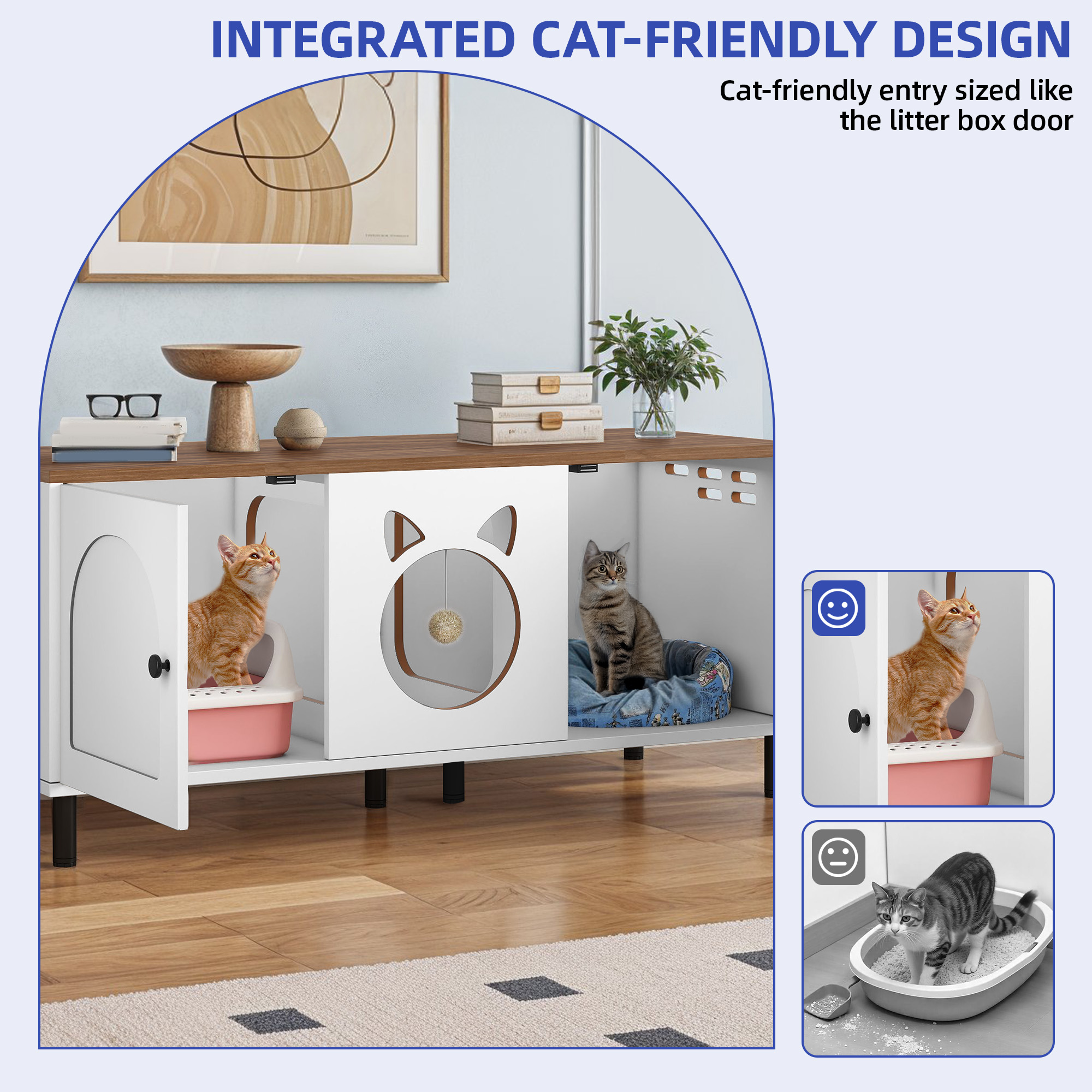 ModFusion 59" Modern Cat Litter Box Enclosure TV Stand – Multi-Functional Cat Furniture with Hidden Litter Box, Storage Hooks & Pet Bed, White & Walnut