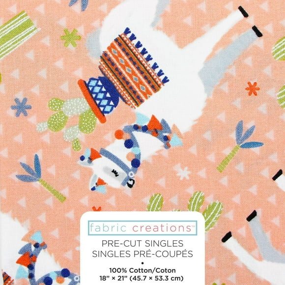 Fabric Creations Peach with Llamas and Desert Cacti and Flowers Fat Quarter Pre-Cut Fabric - 18" x 21" / 45cm x 53cm, 18" x 21" / 45cm x 53cm
