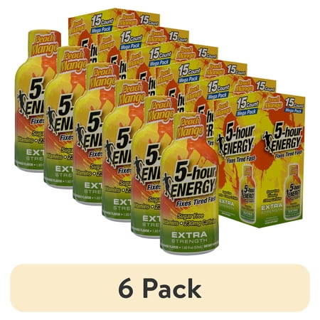 (6 pack) 5-hour ENERGY Shot, Extra Strength Peach Mango Flavor, 15 Count