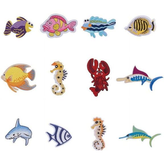 1Set 24 Pcs Marine Creatures Iron on Patches Fish Shark Lobster Sea Horse Rayon Embroidery Patches Appliques Decorative Repair Patches for Jeans T-Shirt hat Jacket Bag Garment Accessories