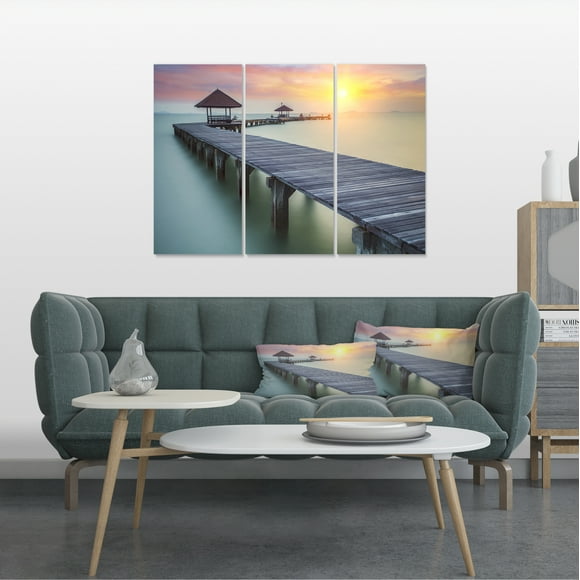 Wooden Sea Bridge and Sunset - Seashore Photo Canvas Print