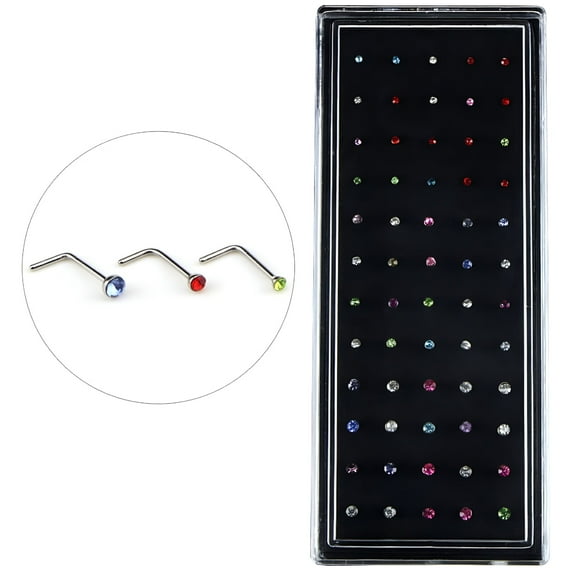 DESIGNICE 60Pcs/Set Stainless Steel Cz Crystal L Shape Nose Ring