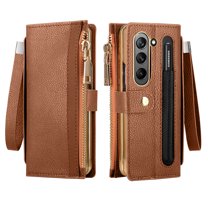 ELEHOLD Luxury Leather Wallet Case for Samsung Galaxy Z Fold 5 2023 Zipper Pocket RFID Blocking Card Slots Pen Slot Wrist Strap Magnetic Shockproof Purse Case For Samsung Galaxy Z Fold 5,Coffee