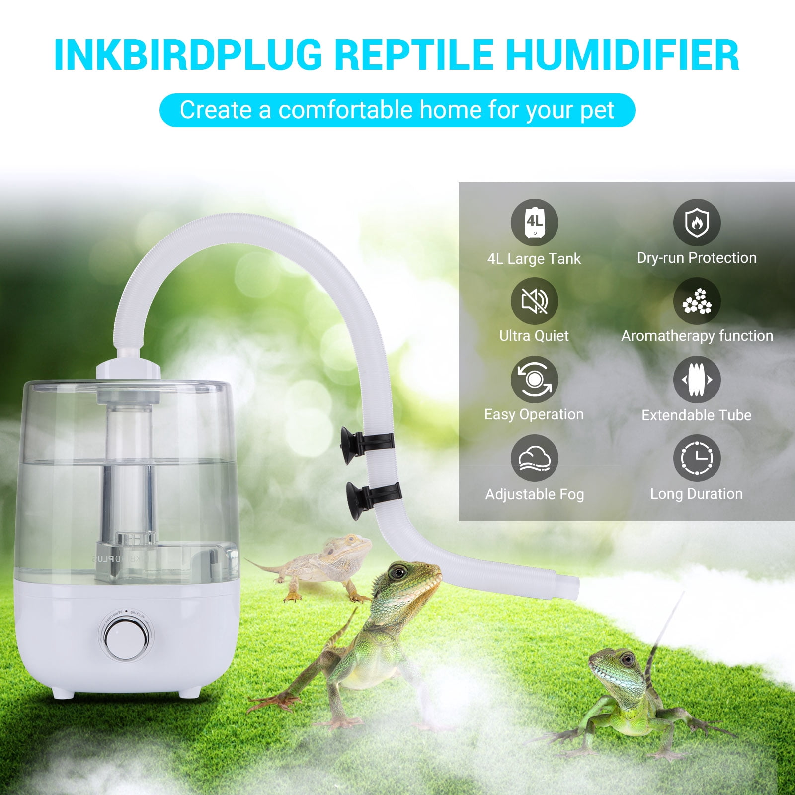 INKBIRDPLUS Reptile Humidifier, Terrarium Fogger With 4L Large Tank, Extendable Tube, Ultra Quiet Mister With Dry-Run Protection, Ideal For Reptiles, Amphibians, Wet Plants