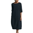 thumbnail image 3 of Jinhomg Basic Dress for Women Plain Cotton Linen Midi Dresses Loose Fit Comfy Half Sleeve Crew Neck Vacation Beach Dress Spring Summer Dress Navy XXXL, 3 of 9