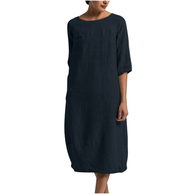RKSTN Robe Maxi pour Femme Grande Taille Robe d'Été Simple Coton-Lin Col Rond Robe de Plage Manches Courtes Plissée Ligne A Robe Midi