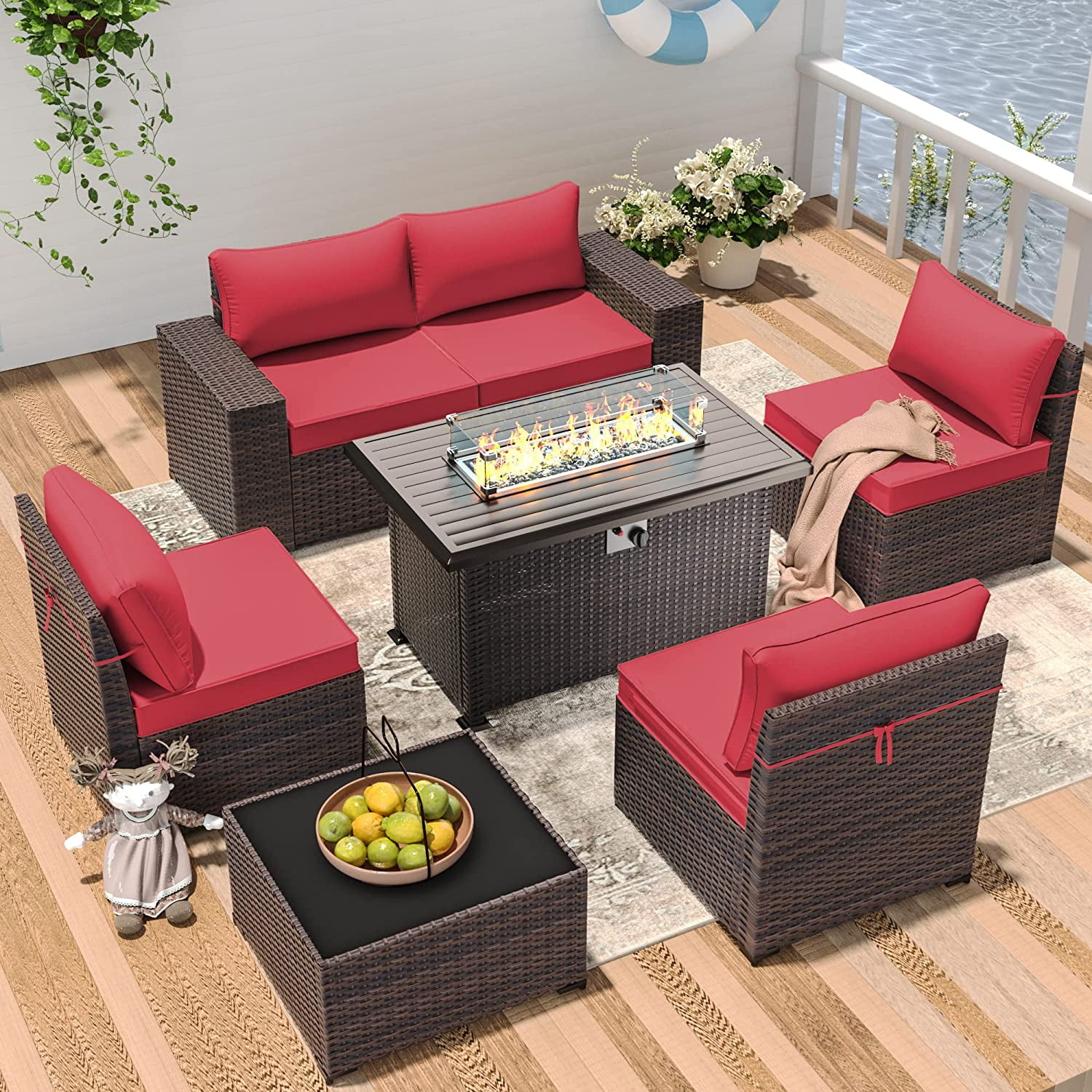 ALAULM Outdoor Patio Furniture Set with Propane Fire Pit Table, 7