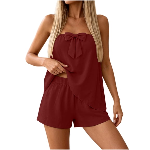 TEAJOPSUU 2 Piece Sets for Womens Bandeau Top Elastic Waist Shorts Sets Casual Summer Matching Sets Burgundy