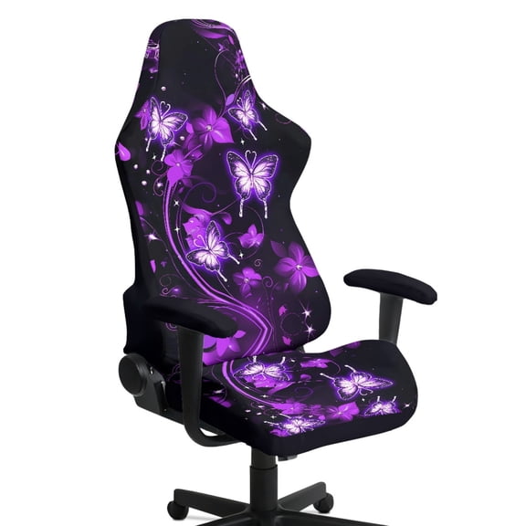 HELLHERO Purple Butterfly Floral 4 Pcs Gaming Chair Cover with Armrest Cover for Gamer, Soft Spandex Gaming Chair Seat Cover with Armrest Covers for Office