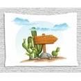 thumbnail image 1 of Cactus Tapestry, Cartoon Style Arid Country Plants with Blooming Flowers Nailed Wooden Sign on Rocks, Wall Hanging for Bedroom Living Room Dorm Decor, 60W X 40L Inches, Multicolor, by Ambesonne, 1 of 2
