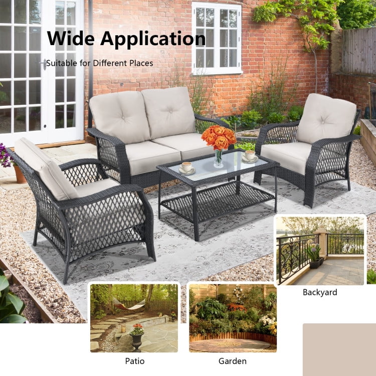 Aimee Lii 4 Pieces Patio Wicker Furniture Set with Cushion, Coffee Table, Outdoor Patio Furniture Sets, Beige