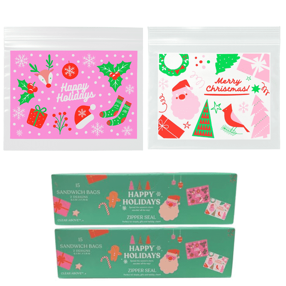 Christmas Zipper Sandwich Bags (Pack of 2, 30 bags total) Size 6.5" x 5"