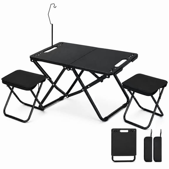 TEIPUERY Folding Camping Table Set with 2 Chairs, Portable Outdoor Picnic Table with Carbon Steel Frame for Camping and Travel