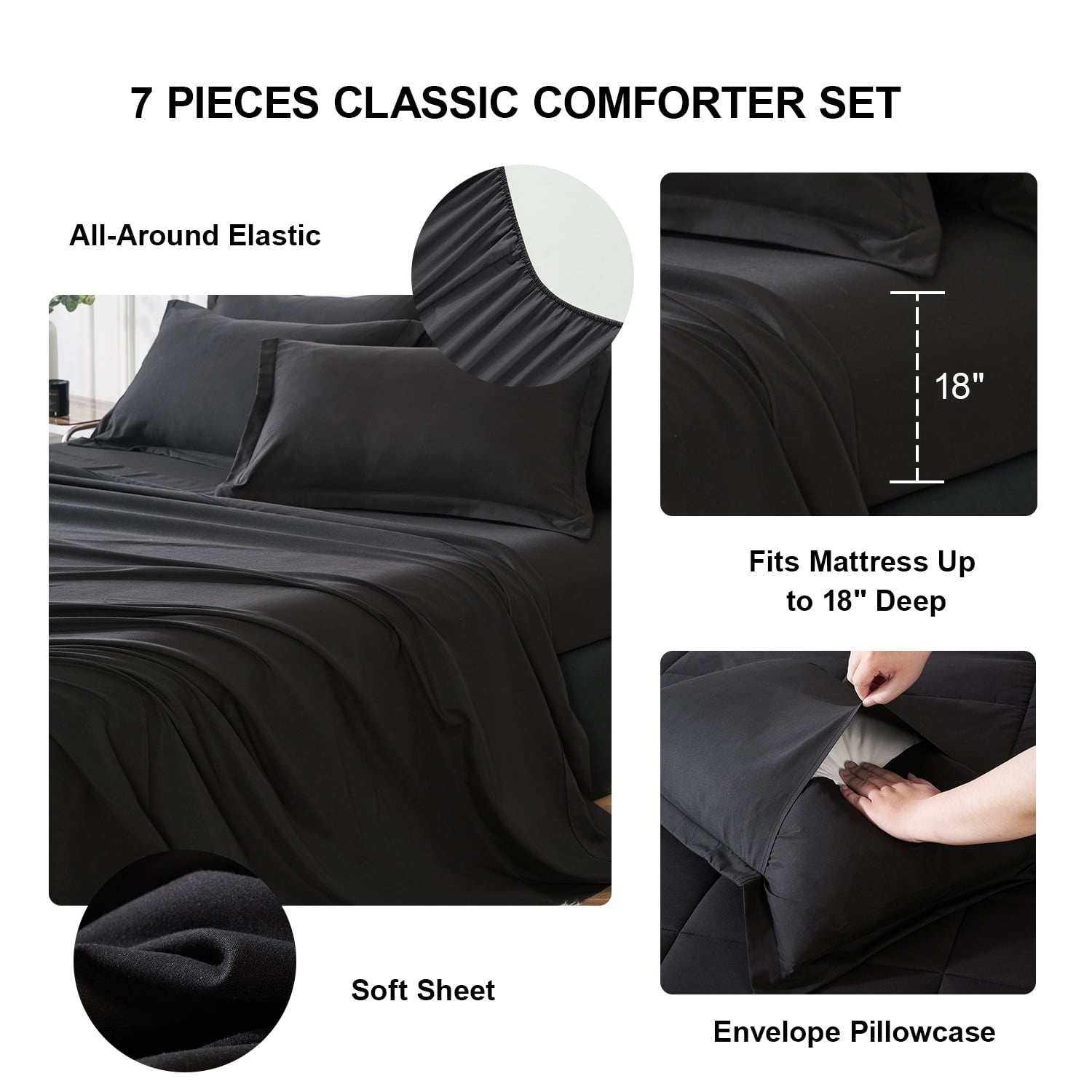 Flymme King Size Comforter Set Black, 7 Pieces King Bed in a Bag, All Season Bedding Sets with 1 Comforter, 1 Flat Sheet, 1 Fitted Sheet, 2 Pillowcase and 2 Pillow Sham