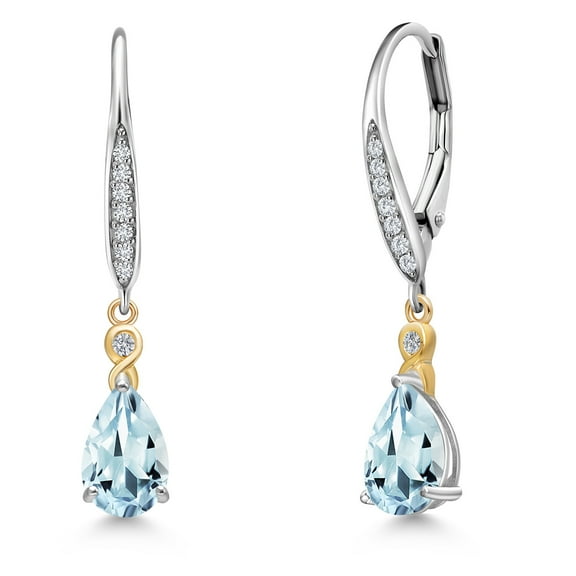 Gem Stone King 925 Silver and 10K Yellow Gold Sky Blue Aquamarine and White Lab Grown Diamond Dangle Earrings for Women | 1.55 Cttw | Gemstone March Birthstone | Pear Shape 8X5MM