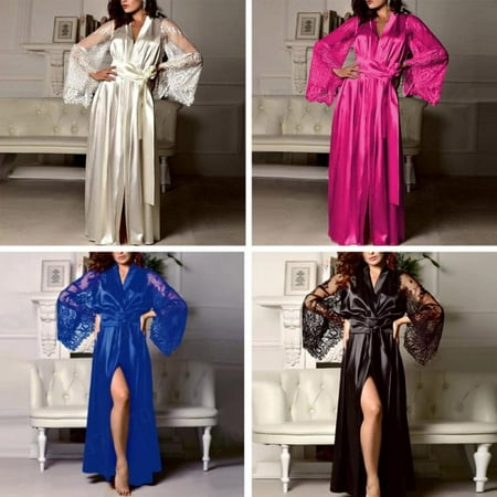 

Truelife Women s Sexy Satin Kimono Robe Long Bridesmaid Wedding Bath Robe with Lace Trim Solid Color Plus size