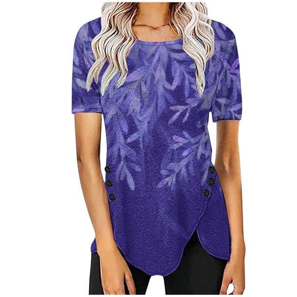 Blusas de Manga Corta para las Mujeres Botón Impreso Cuello Redondo Top Casual, Blusas para las Mujeres Casual