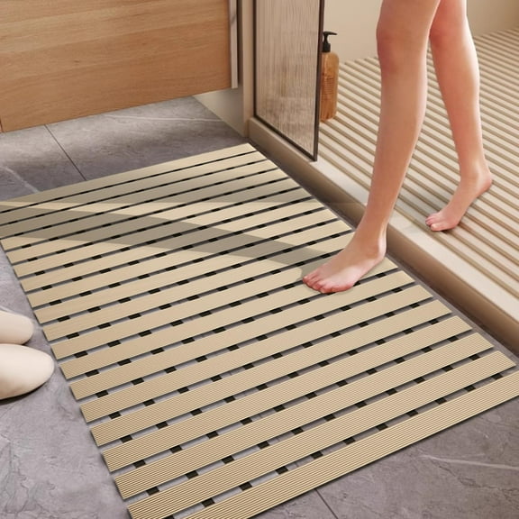 Non Slip Large Shower Mat(35.4"*23.6"),Non Suction Cups Shower Mats for Inside/Outside Shower, Heavy Duty Rubber Walk in Shower Mat for (Apricot)