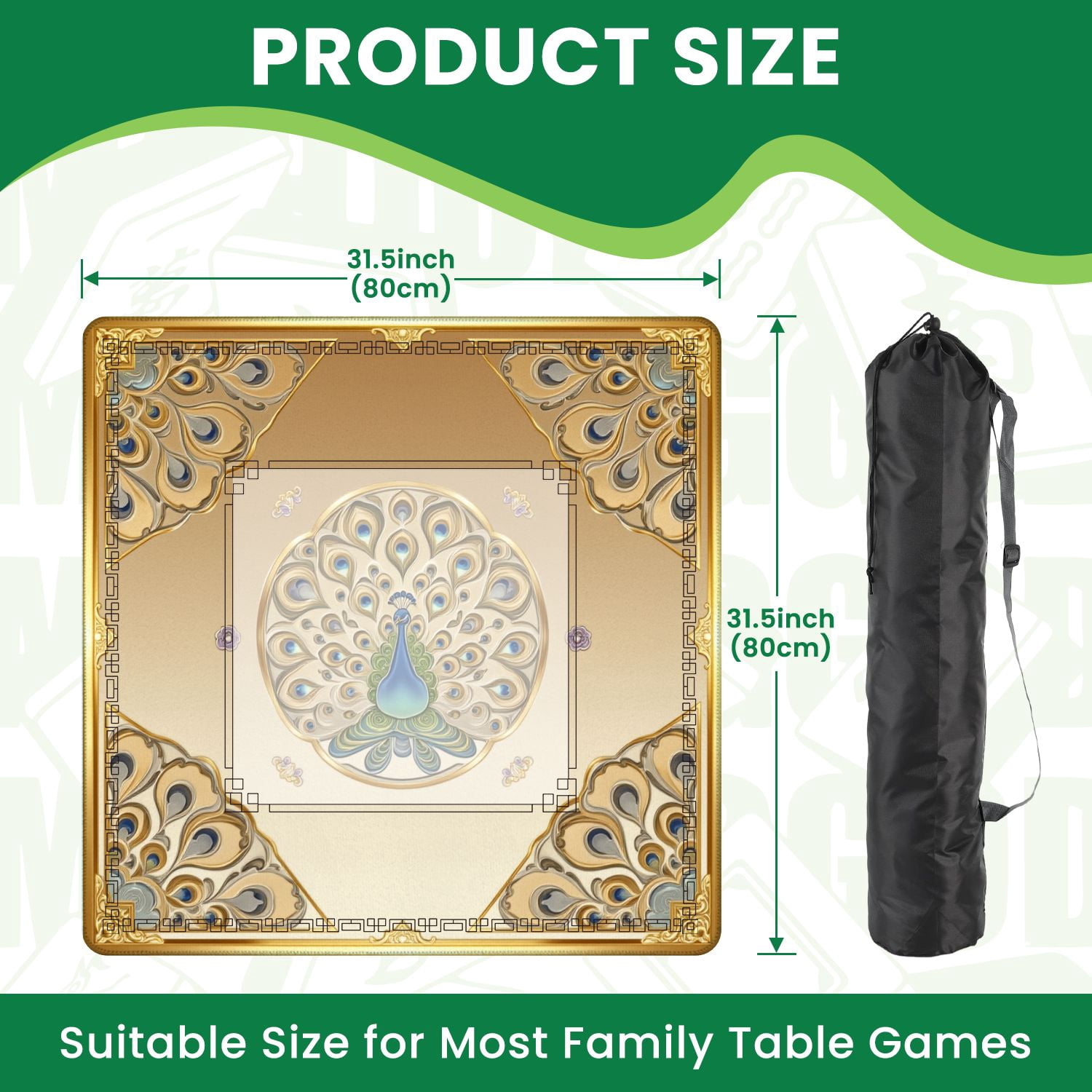 Mahjong Mat 31.5" x 31.5" Ornate Peacock Gold Embellished Feathers Decorative Floral Corners Non-Slip Noise Reduction American Mahjong Tiles Table Cover for Dominoes Poker Card Board Games Gift