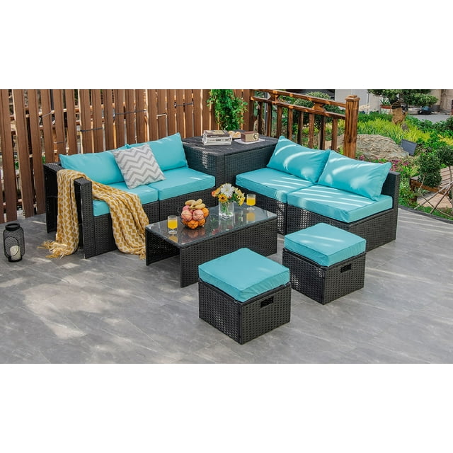 Costway Ensemble de Mobilier de Terrasse en Rotin 8 Pcs Table de Rangement Ottoman Housse Turquoise