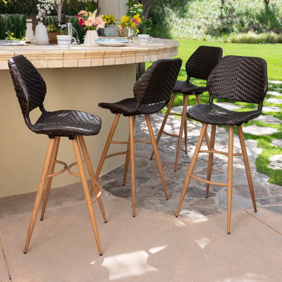 Lawrence Outdoor Wicker Barstools with wood finish metal legs, Brown
