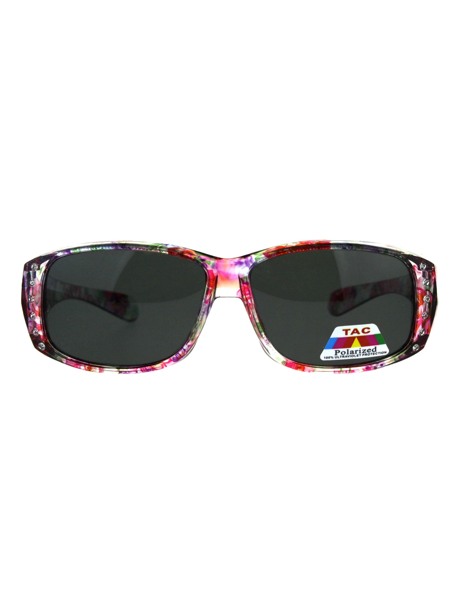 Polarized Wrap Around Sunglasses with Rhinestone Floral Design UV400 Protection Buy Flower Design UV400 Polarized Sunglass with Storage Bag  main image 3