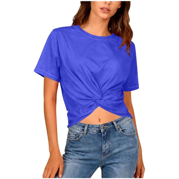 XFLWAM Womens Short Sleeve Crop Tops Crew Neck Twist Knot Front T Shirts Solid Color Casual Slim Fit Comfy Tee Top