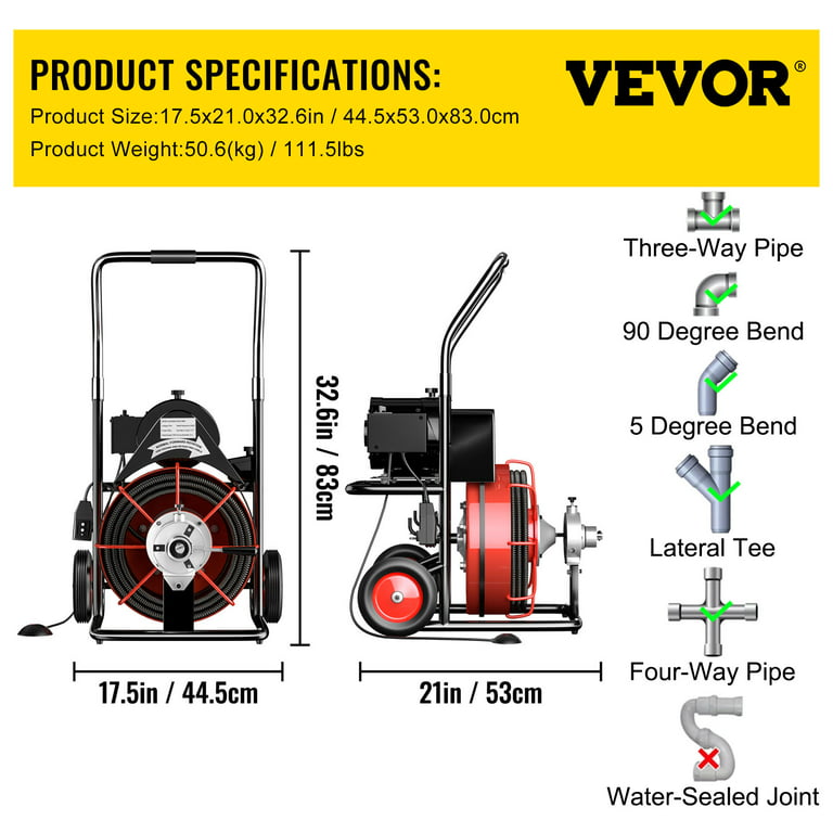 VEVOR Electric Drain Auger 50 ft. x 1/2 in. Drain Cleaner Machine