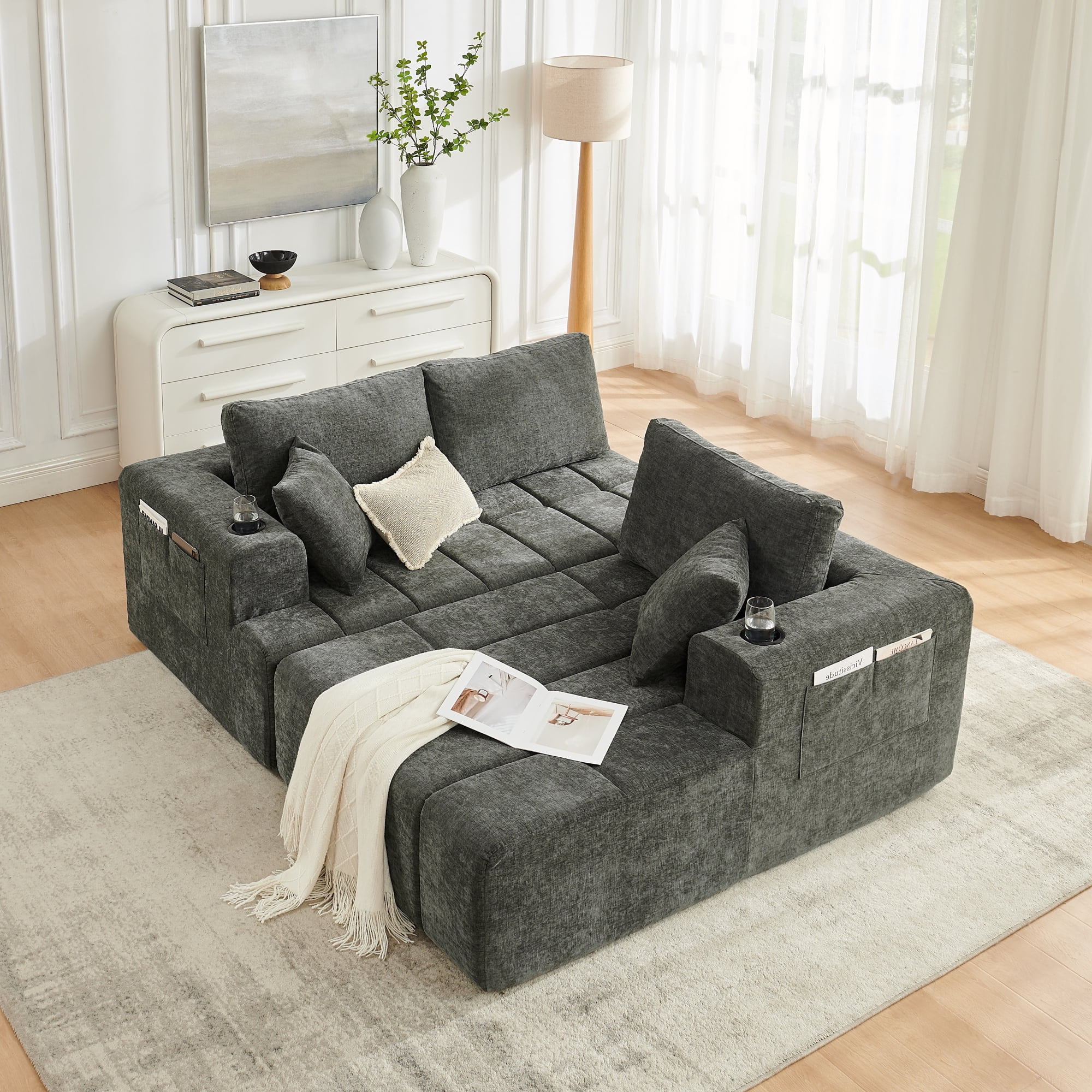 Leumius 108" L-Shaped Sectional Sofa,Chenille Boneless Couch, Modern 3-Seat Upholstered Cloud Couch Sectional with Deep Seat and Cup Holders for Living Room,No Assembly Required,Dark Gray