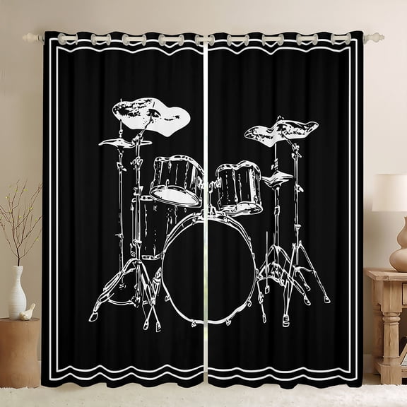 Manfei Drum Kit Black Out Curtains,Music Instrument Curtains Pack of 2 (42x63 Each),White Black Bedroom Curtains For Boys Kids,Breathable Home Decor