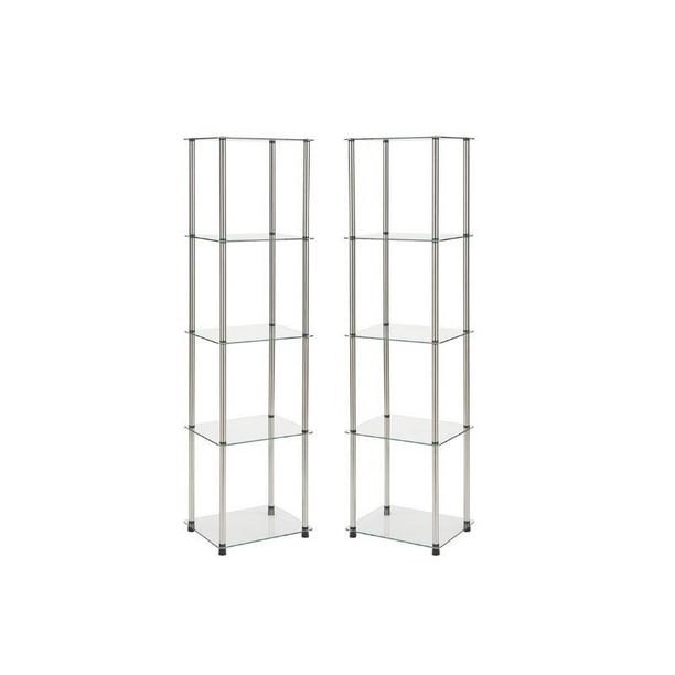 Home Square Four Shelf Glass Tower, Glass And Stainless Steel Bookcase