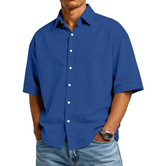 Domuza Cotton Linen Shirts Men Casual Short Sleeve Collared Button Down T-Shirts Summer Trendy Vacation Beach Relaxed Fit Holiday Top Blue L