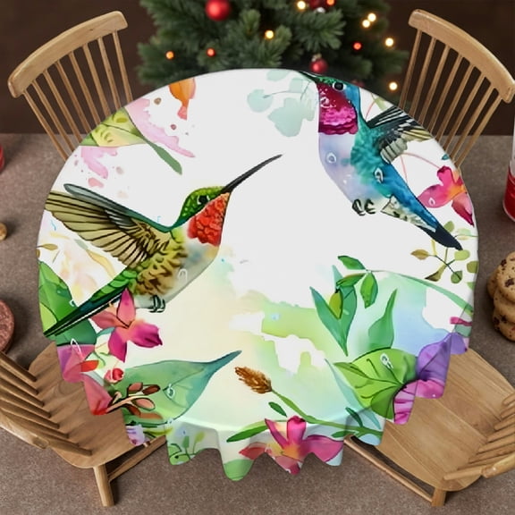 RKSupls Stain Resistant & Washable Decor - Hummingbirds Flowers Colorful Print, Festive Table Setting Machine-Made Round Tablecloth, Wedding, Party, Home Dining