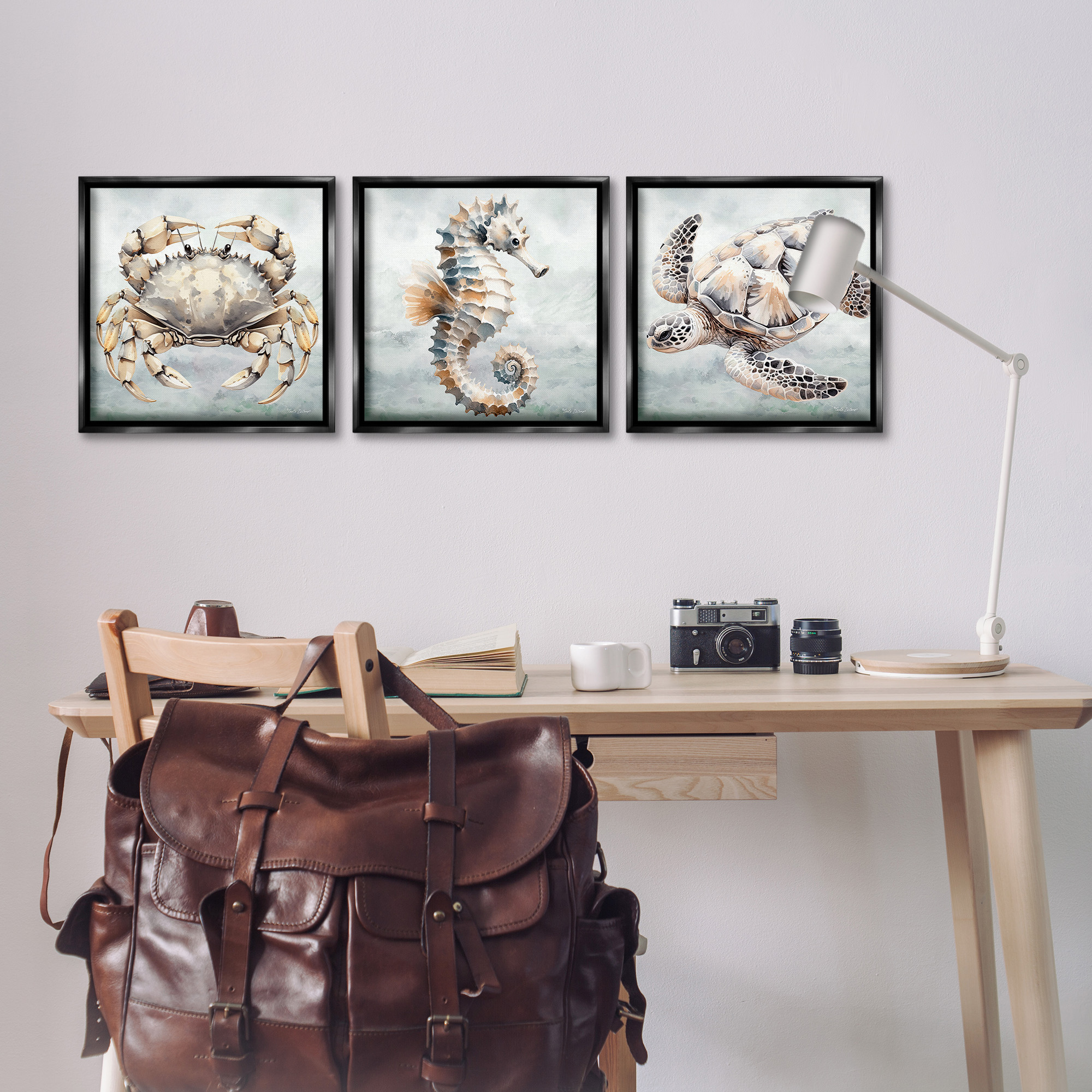 Stupell Industries Traditional Marine Life Animals & Insects Painting Black Floater Framed Canvas Art Print Wall Art, 18 x 18, Set of 3