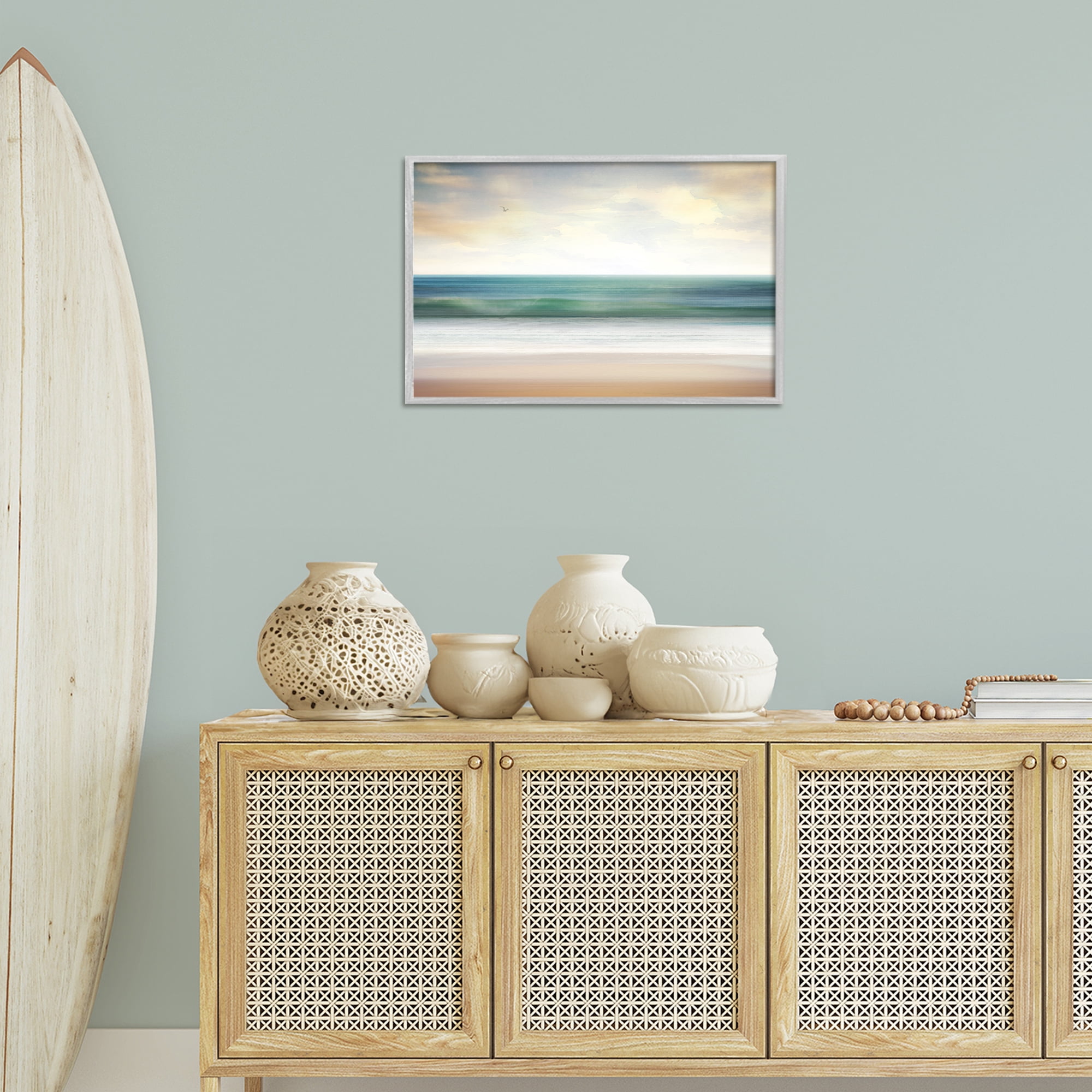 Stupell Industries Lone Seagull Over Beach Landscape Painting Gray Framed Art Print Wall Art, 24 x 16