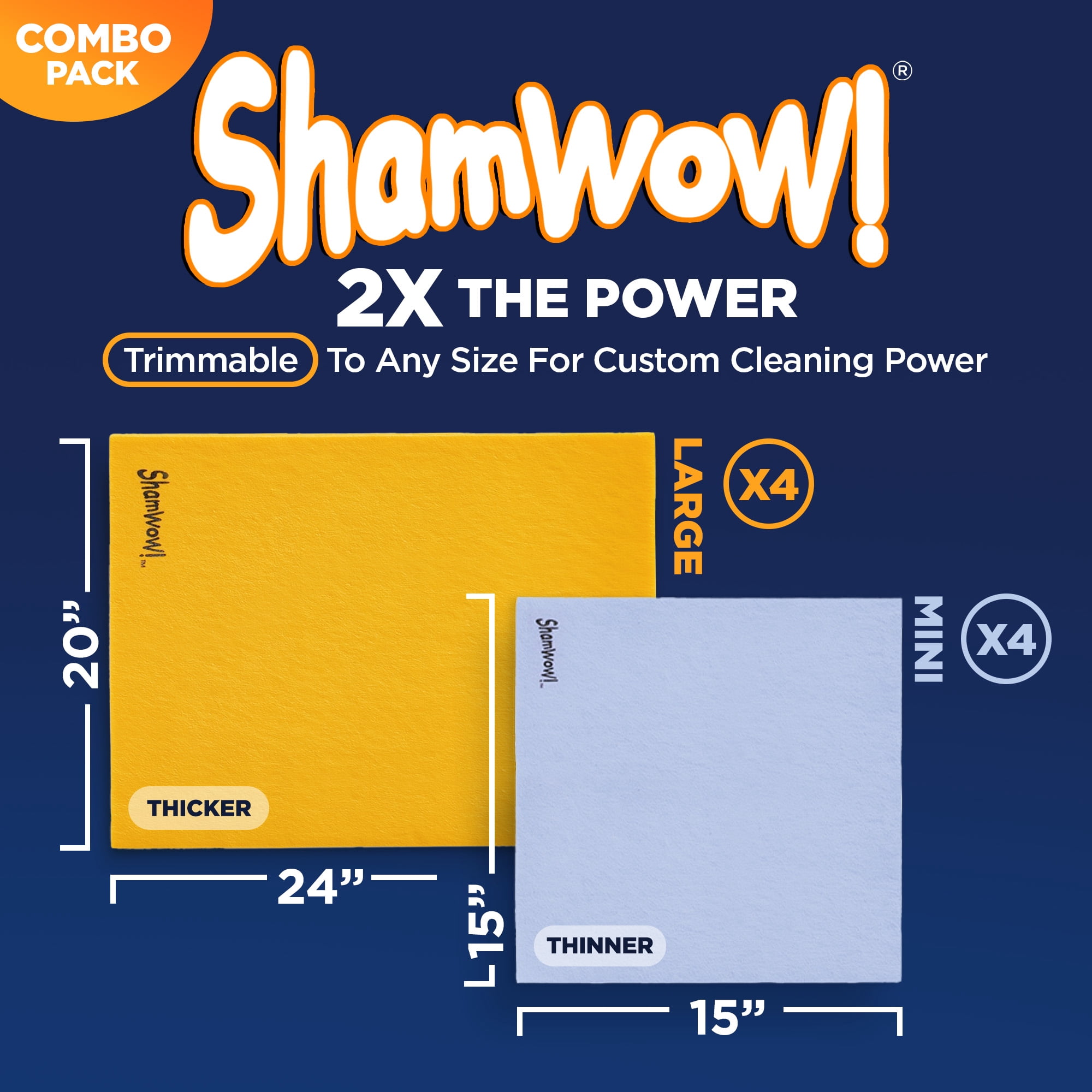 The Original Shamwow, Super Absorbent, Multi Purpose Cleaning Chamois Towel Cloth, 8 Pack, 4 Large Orange and 4 Small Blue