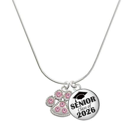 Delight Jewelry Silver-tone Large Paw with Light Pink Crystals – Silvertone Senior Class of 2026 Dome Necklace 18