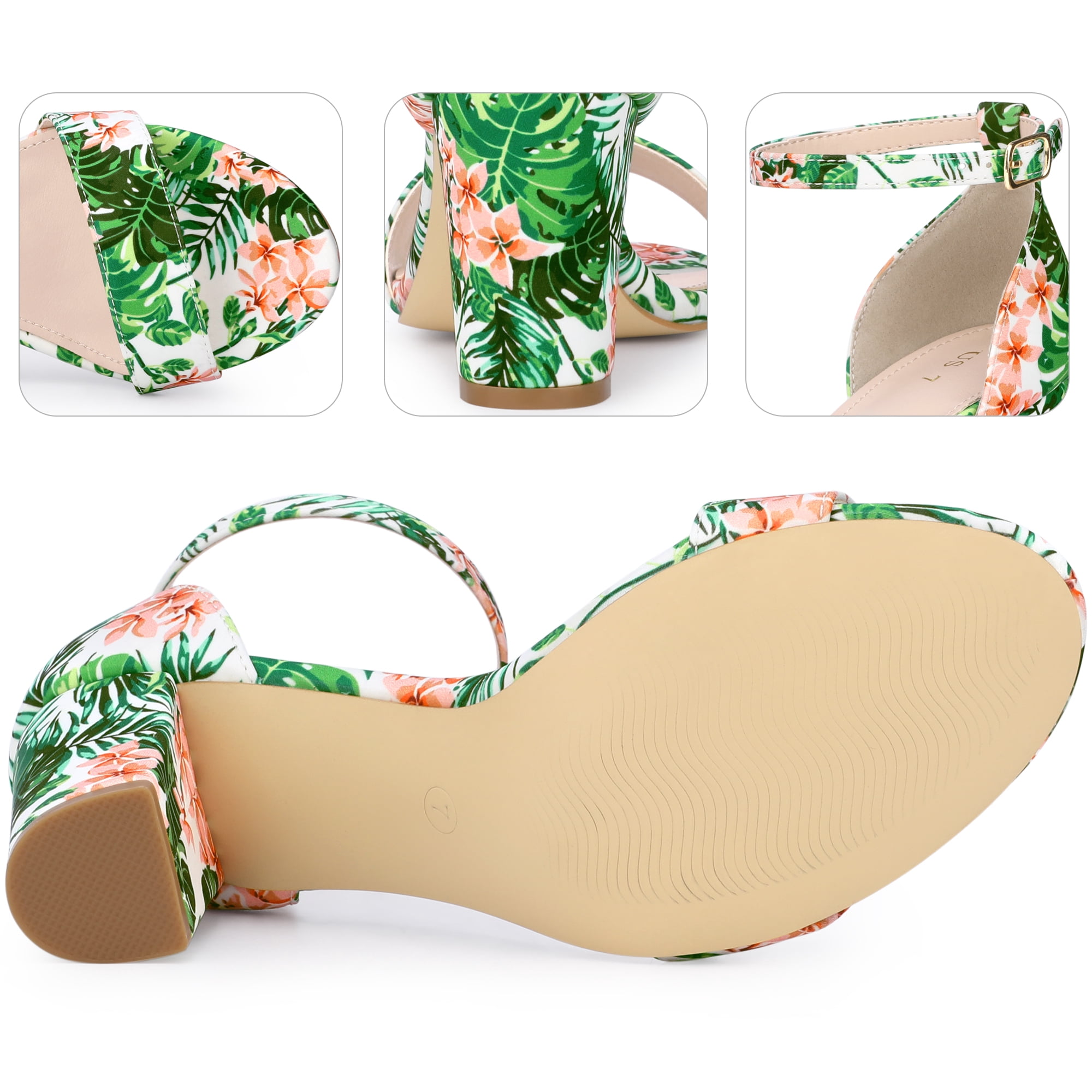 DARING DIVA Women's Floral Open Toe Ankle Strap Chunky Heel Sandals Green 7.5
