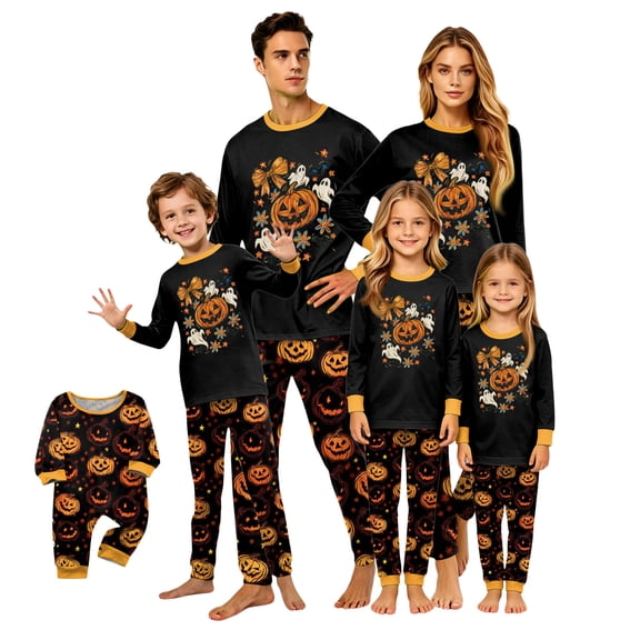 Halloween Family Pajamas Matching Sets Party Sleepwear Nightwear Long Sleeve Cute Funny Pumpkin Ghost Soft Two Piece Sets Trendy Family Holiday Loungewear Baby 18-24 Months