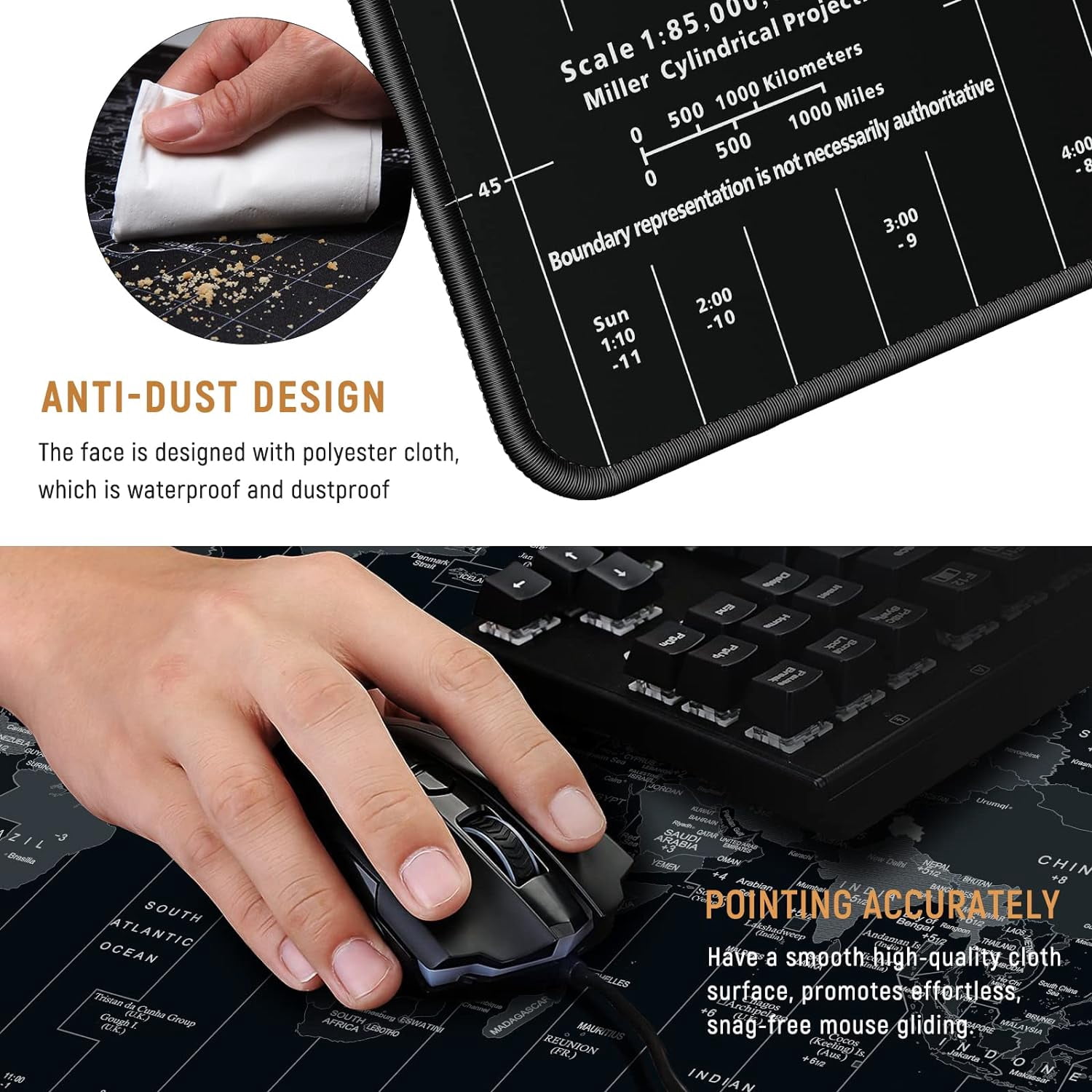Large Gaming Mouse Pad with World Map, Extended Mousepad with Superior Micro-Weave Cloth, Comfortable Keyboard Pad, Desk Mat for Gamer Office Work Home, 35.4 x 15.7 inches Black