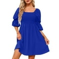 thumbnail image 4 of CEHVOM Robe Mini Babydoll Décontractée pour Femmes à Encolure Carrée, Manches Bouffantes 3/4, Poitrine Froncée, Épaules Dénudées, en Solde, 4 of 8