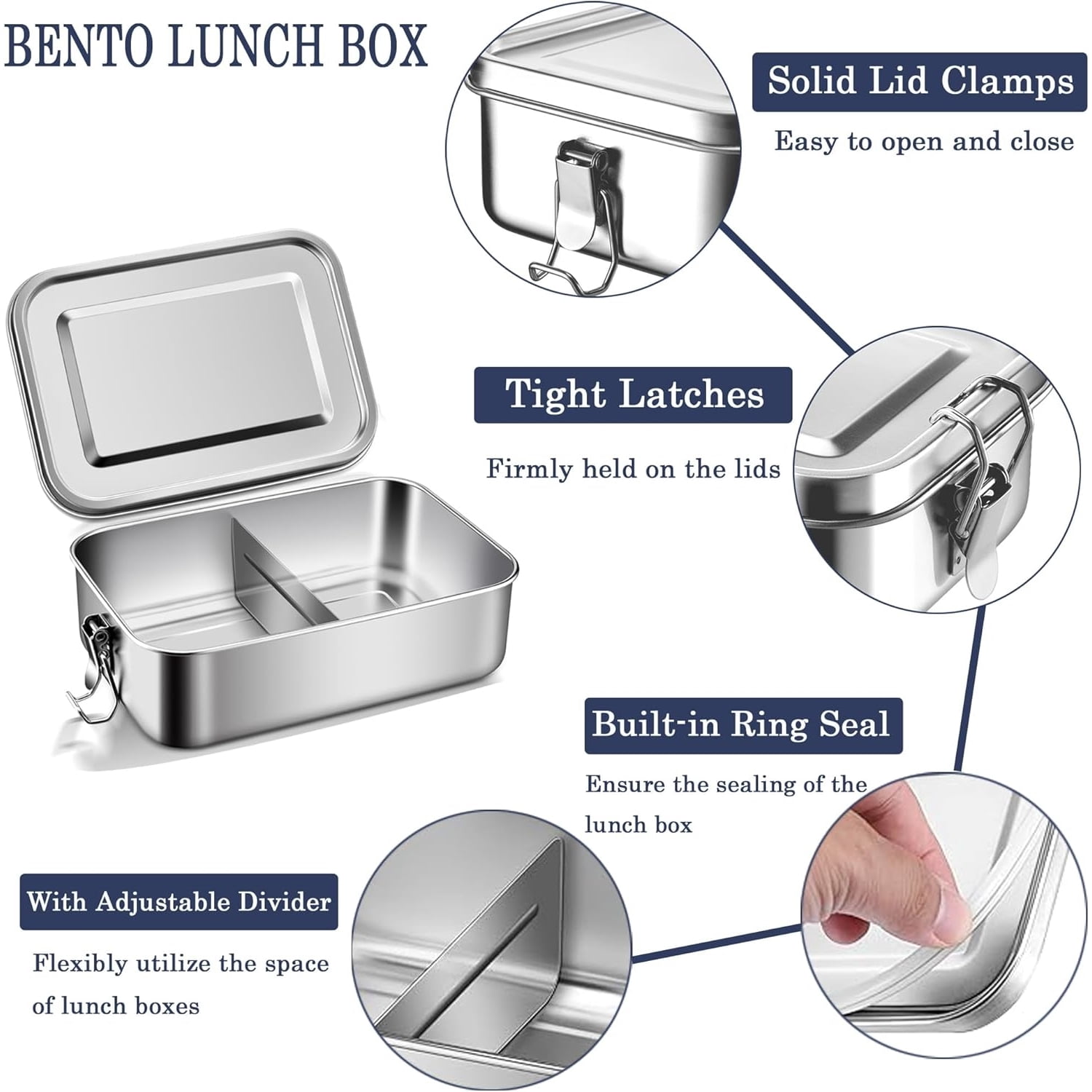 Stainless Steel Bento Box,Metal Bento Lunch Box,Food Storage Containers,Lunch Box,Adjustable Divider Included-Lockable Clips to Leak Proof-Dishwasher Safe-BPA free,28.7oz/850ml-1Pc