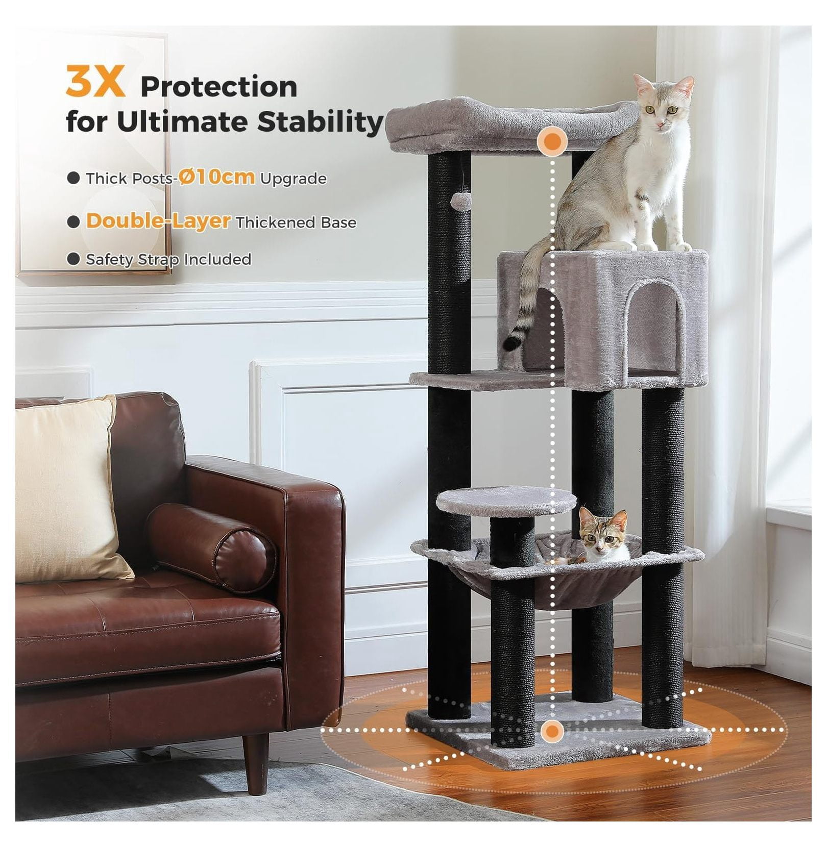 Large Cat Tree for Big Cats 30lbs, 57.8" Heavy Duty Tower, Maine Coon Cat Furniture - Reinforced Scratching Posts, Hammock & Condo, Plush Black