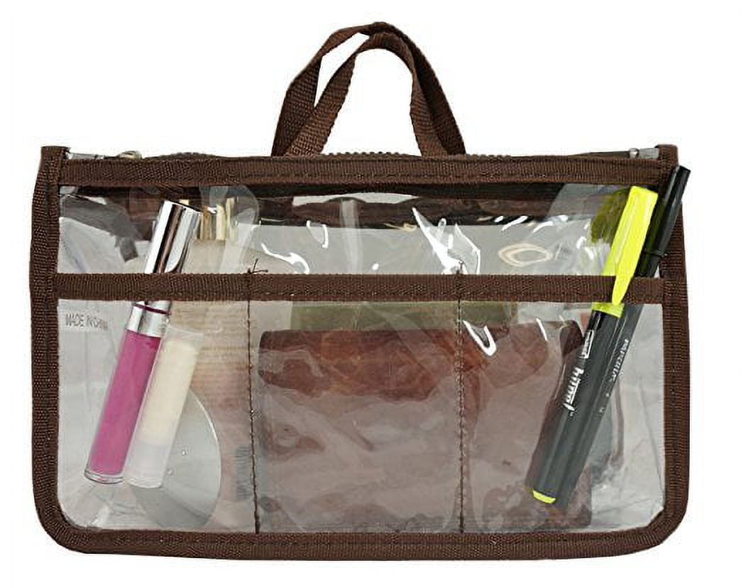 Small Clear Handbag Organizer Purse  Insert ,  Brown Trim, Unisex