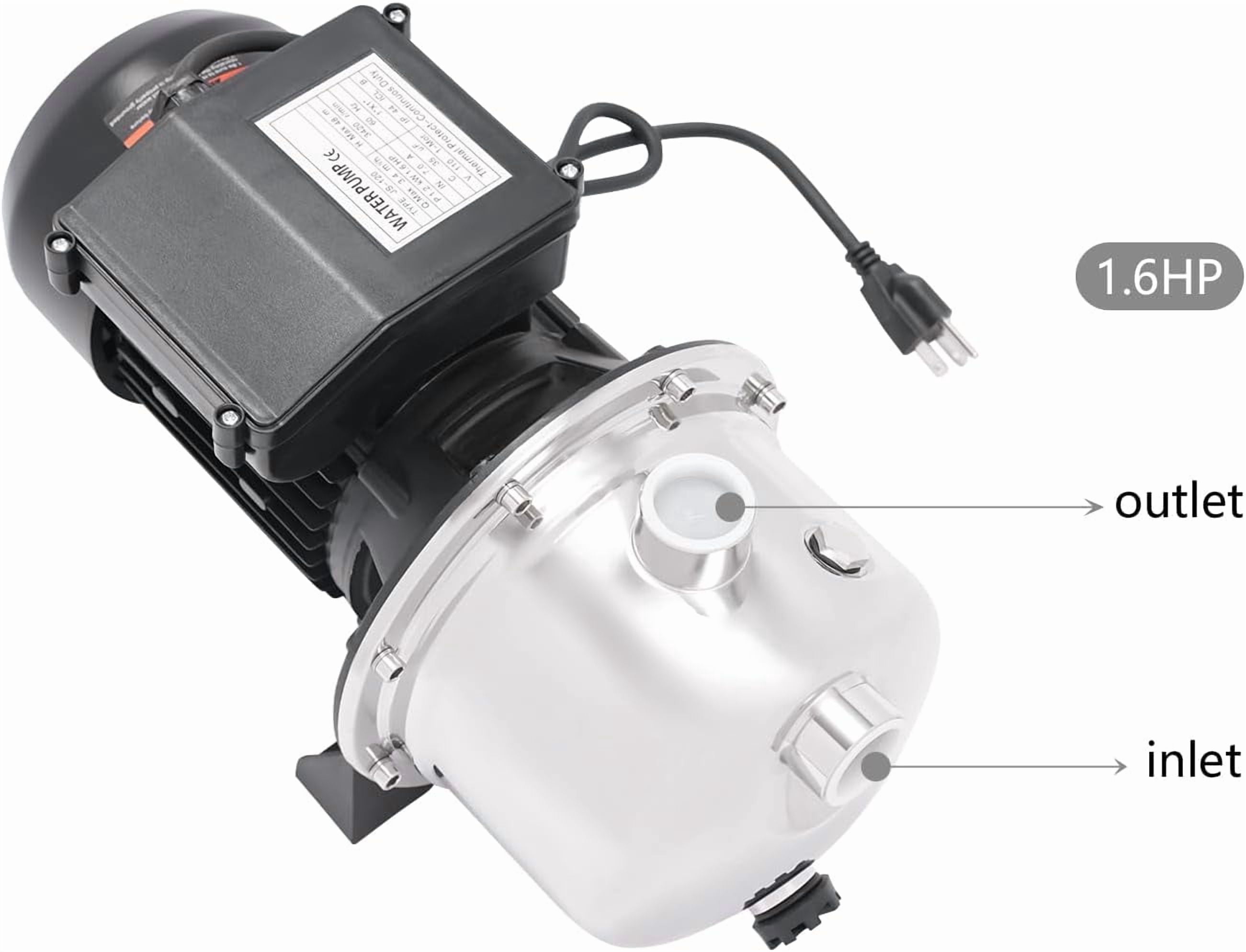 110V 1.2kw 3420rpm Shallow Well Pump,157ft Lift Portable Water Pump Stainless Steel Garden Pump Draining Irrigation Pump,for Lawn Irrigation, Lake Fountain (1.6HP)
